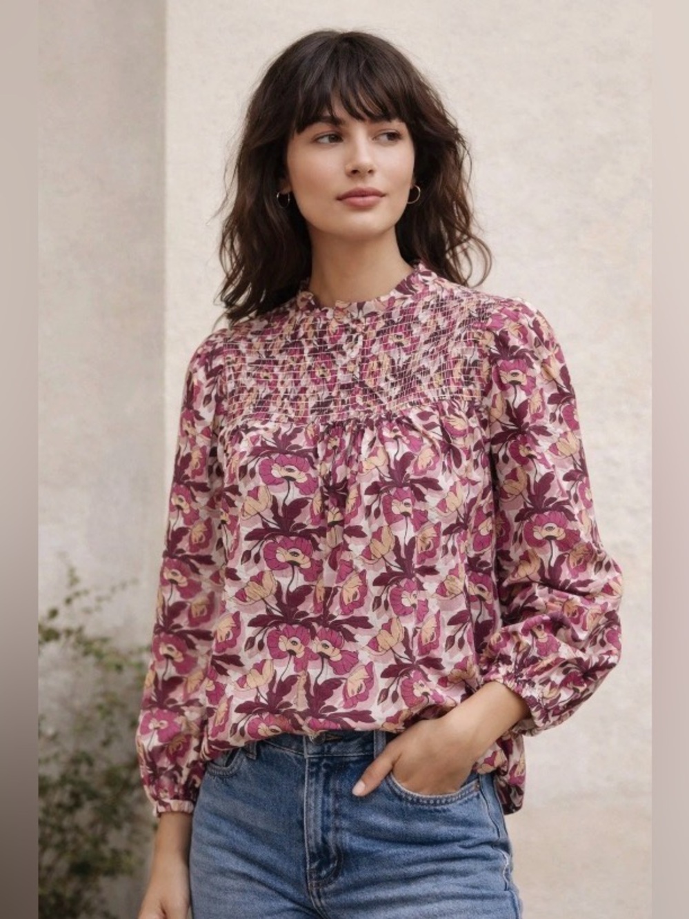 J. Crew x Liberty Cotton Poplin Smocked Button-Back Top Butterfield Poppy SMALL
